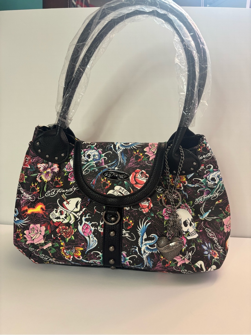Ed Hardy Black Floral & Skull Shoulder Bag with Charm Accents